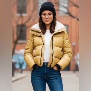 Felicia Noize mustard, Faux Shearling Collar puffer jacket, cruelty free, S/P